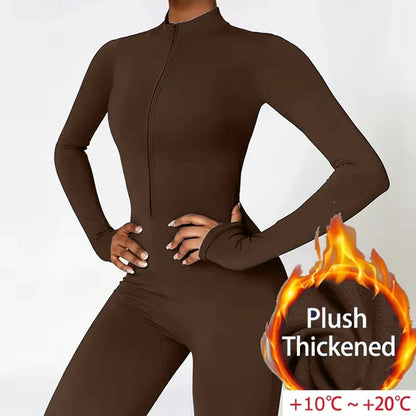 Combinaisons de sport chaudes en peluche pour femmes, survêtement une pièce, Fitness, ensembles de gymnastique d'hiver, manches longues, body d'exercice noir pour femme