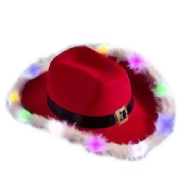 Chapeau de cowboy lumineux de Noël pour fête du Père Noël, chapeaux en feutre rouge occidental, chapeau de cowgirl à large bord, chapeau de jazz pour femmes et hommes