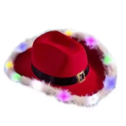 Chapeau de cowboy lumineux de Noël pour fête du Père Noël, chapeaux en feutre rouge occidental, chapeau de cowgirl à large bord, chapeau de jazz pour femmes et hommes