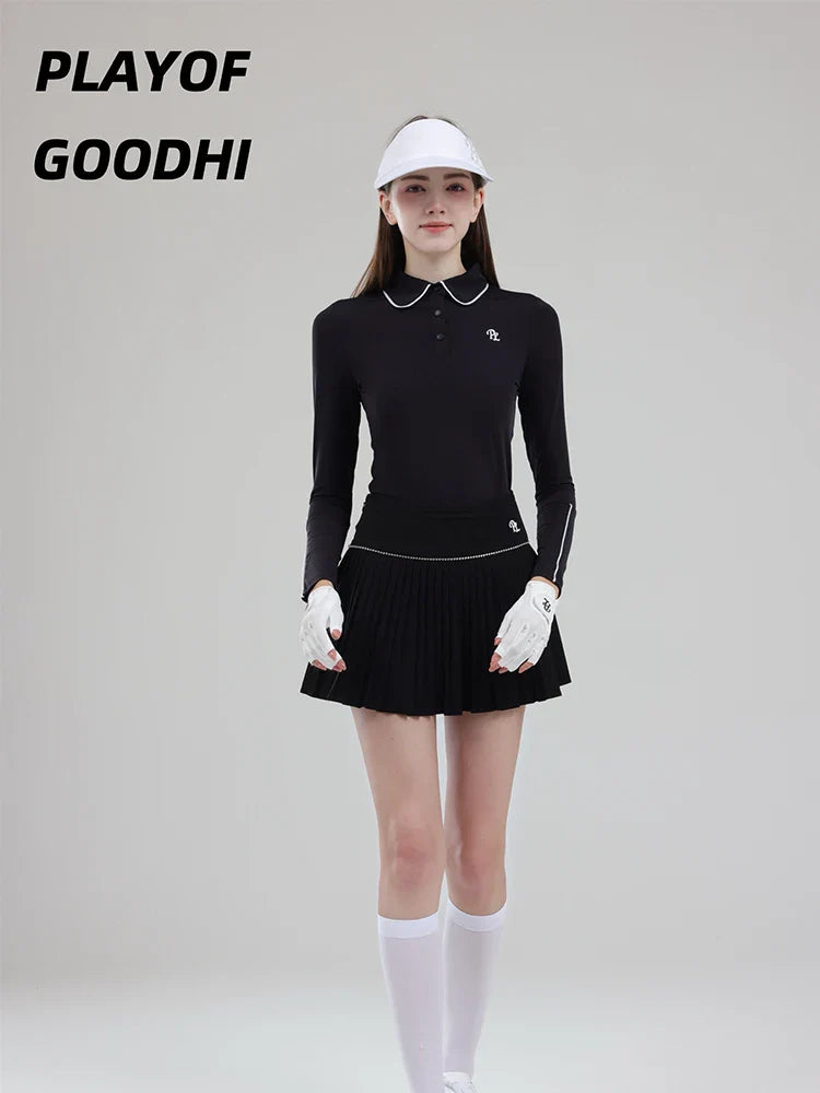 Vêtements de golf pour femme - T-shirt de golf à manches longues pour femme - Hauts de golf à col polo - Jupe plissée taille haute - Jupe-short de golf avec short intérieur