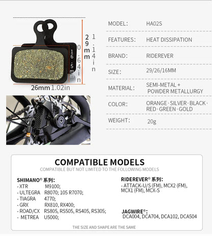 RIDEREVER-Plaquettes de frein à disque de vélo de route, coussretours semi-métallique, performance longue durée, refroidissement anti-poussière pour le cyclisme WinterMANO XcrucTRM9100