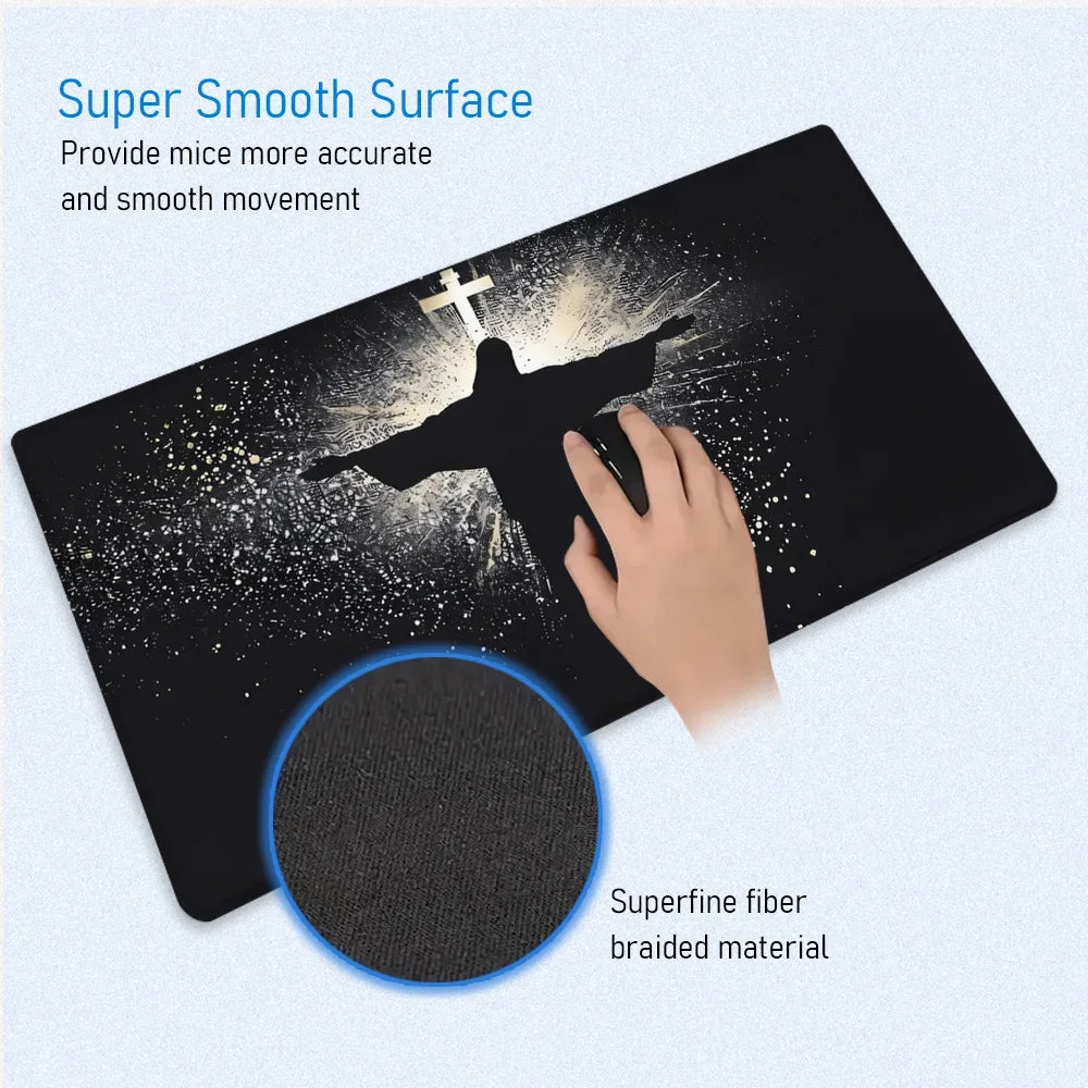 Jesus & Cross Mouse Pad Large Desk Accessories Desk Pad Rubber Base with Stitched Edge Mousepad Non-Slip Mousepad for Office