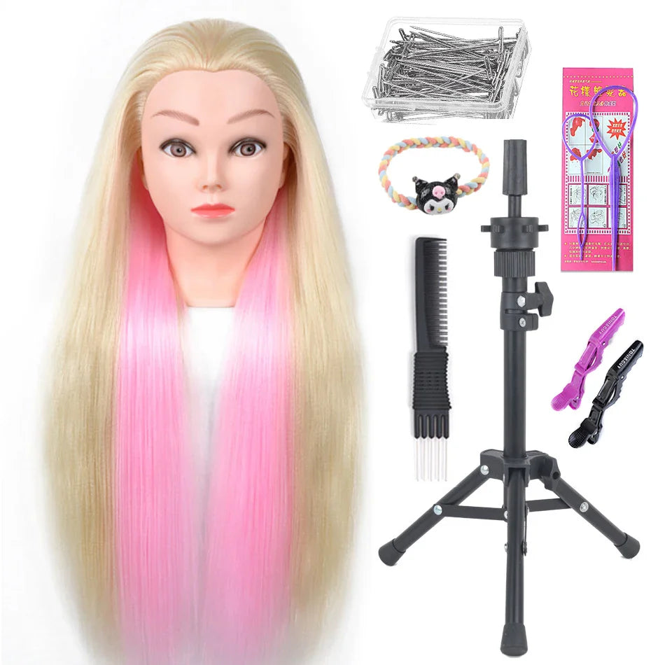 Tête de mannequin à cheveux longs synthétiques avec support de trépied de perruque réglable Modèle avec tête de mannequin Formation de coiffeur coiffant