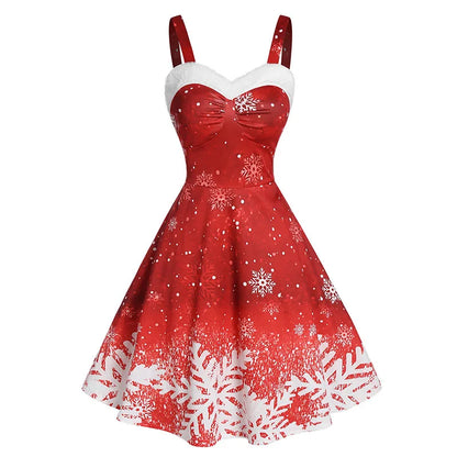 Women's Plaid Christmas Party Dress, Snowflake Print, Fiber Dress, Sweetheart Neck, Christmas Dresses, New, Educational, 2024