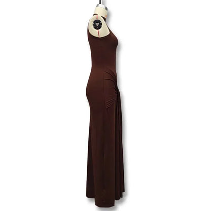 Slim Fit Wrap around Midriff Baring Sleeveless round Neck Dress for Women in Autumn And Winter Pure Color with Belt Detail