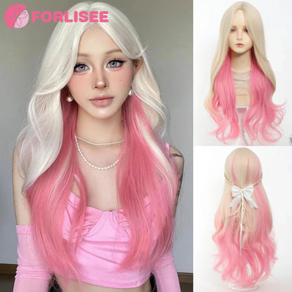 Pink Blonde Highlights Long Wavy Wig Synthetic Colorful Lolita Cosplay Hair Wigs with Bangs for Women Heat Resistant Daily Use