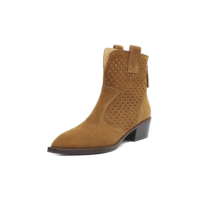 2025 Spring Autumn Chelsea Boots for Woman Cow Suede Pointy Toe Wedge Heel Ankle Boots Cutouts Comfortable Cowboy Boots Female