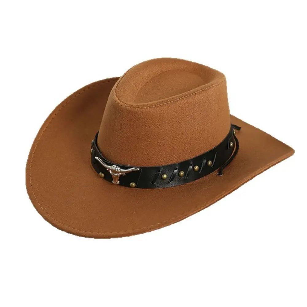 Chapeau de Cowboy occidental de Style ethnique Cool, chapeau de Jazz à large bord en rouleau, tête de vache, chapeau de chevalier de couleur unie, Protection solaire