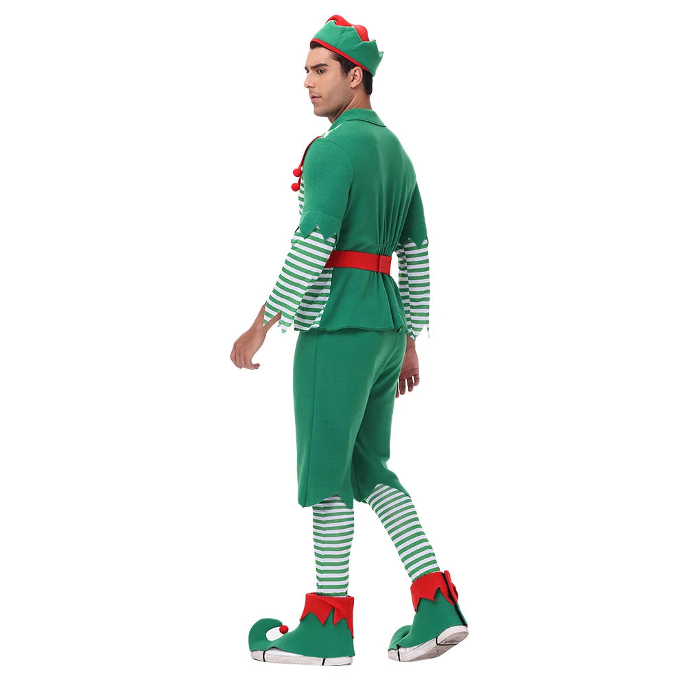 VIP FASHION Men Christmas Elf Costume with Hat Stockings Shoe Covers Belt Fancy Xmas Party Dress Up Outfit Male Festival Clothes