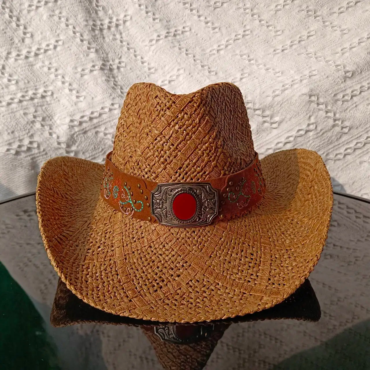 Chapeau de paille de cowboy vert matcha, tissé à la main, creux, pour hommes et femmes, chapeau de soleil d'été, chapeau de paille de cowboy occidental