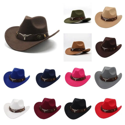 Chapeau de Cowboy occidental en laine Cool, chapeau de Jazz à large bord, couleur unie, chapeau de Cosplay de fête, casquettes de visière d'extérieur