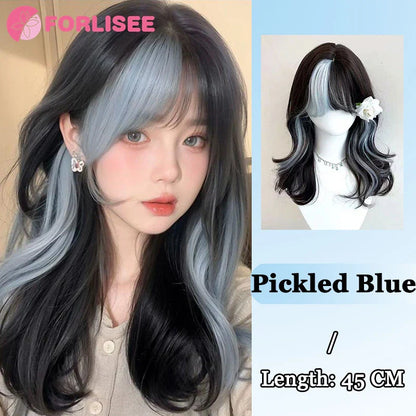 Pink Blonde Highlights Long Wavy Wig Synthetic Colorful Lolita Cosplay Hair Wigs with Bangs for Women Heat Resistant Daily Use