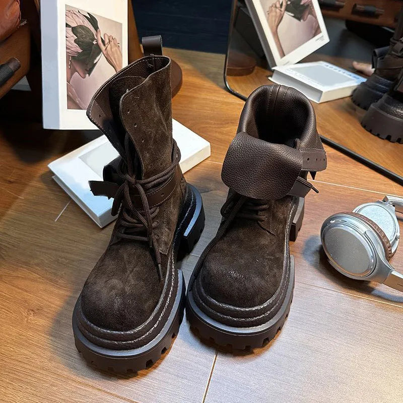 Bottes de Cowboy à grande tête en détresse, mode rétro, bottes de chevalier montantes de Style moto haut de gamme, bottes à semelles épaisses pour filles et femmes