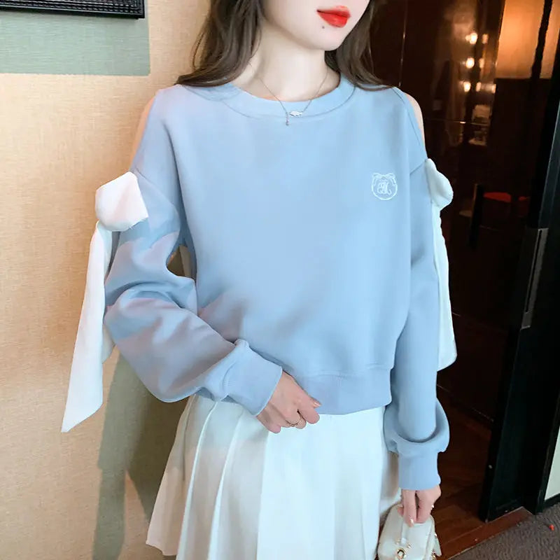 Sweat-shirt à épaules dénudées pour femmes, mode Harajuku, vêtements pour jeunes, Sport essentiel, nouveau, basique, bleu, hauts pull pour femmes