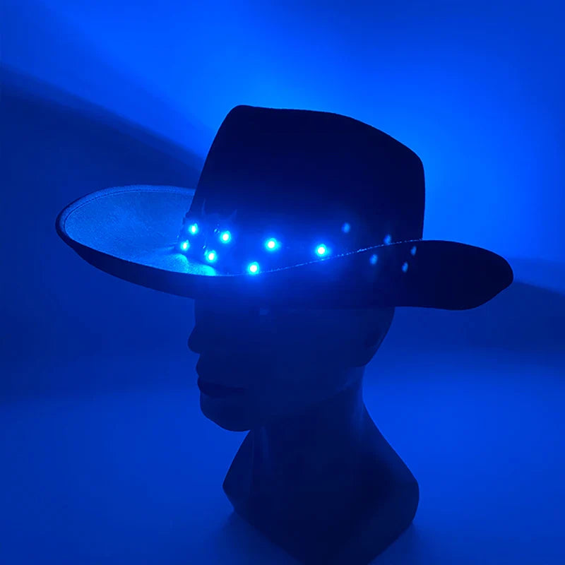 Chapeau de cowboy LED télécommandé pour femmes et hommes, chapeaux de cow-girl occidentaux, robe de l'ouest, vêtements de sauna scintillants pour Halloween, casquette unisexe, mode