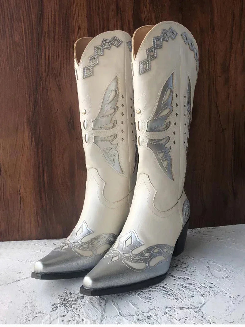 Bottes de cowgirl occidentales brodées vintage pour femmes, chaussures à enfiler, talon carré pour dames, bottes cavalières, mode automne et hiver