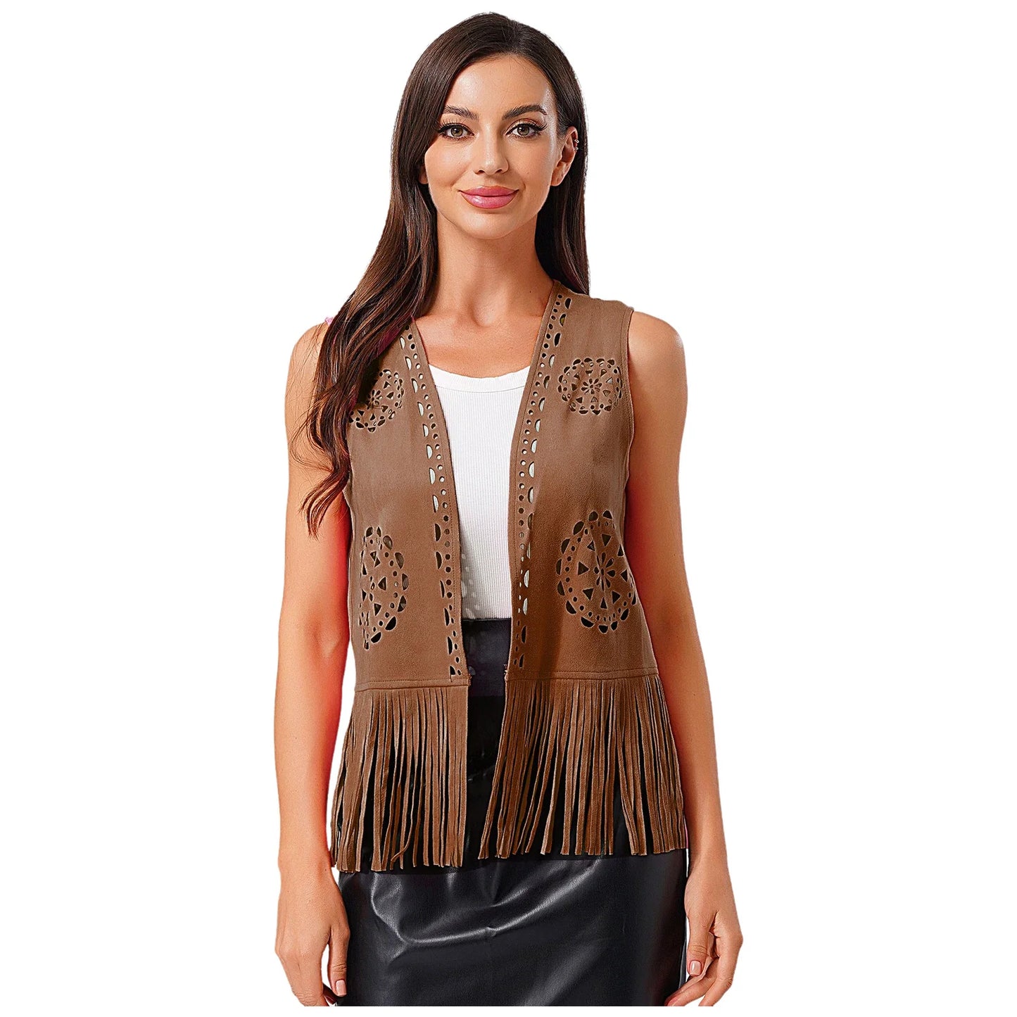 Gilet sans manches à franges pour femme style cow-girl, disco années 70, hippie, cosplay, vintage, creux, débardeur à pompons, en faux daim