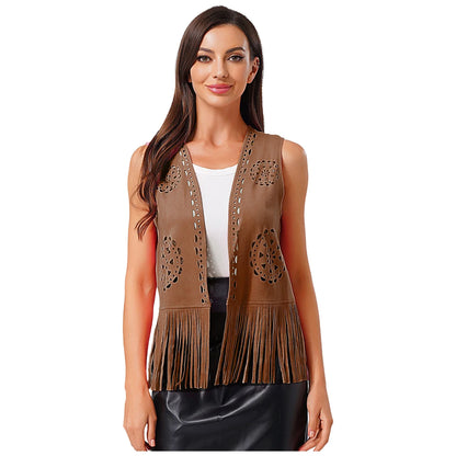 Gilet sans manches à franges pour femme style cow-girl, disco années 70, hippie, cosplay, vintage, creux, débardeur à pompons, en faux daim