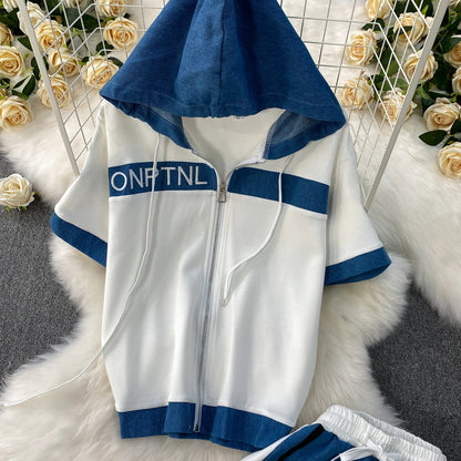 Cowboy patchwork hooded jacket fashionable sports suit women's summer 2025 new two-piece set popular age reducing pants