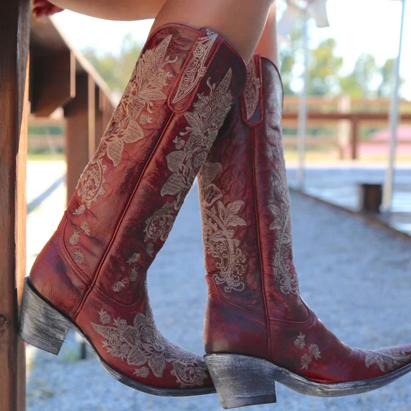 Western Style Women's Pointed Large Embroidered Rose High Heels Vintage Old Women's Boots High Barrel Western Boots