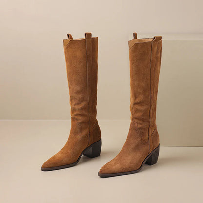 Bottes de Cowboy en Daim de Vache à Talons Hauts pour Femme, Style Vintage, Style Country Western, à la Mode, Automne Hiver
