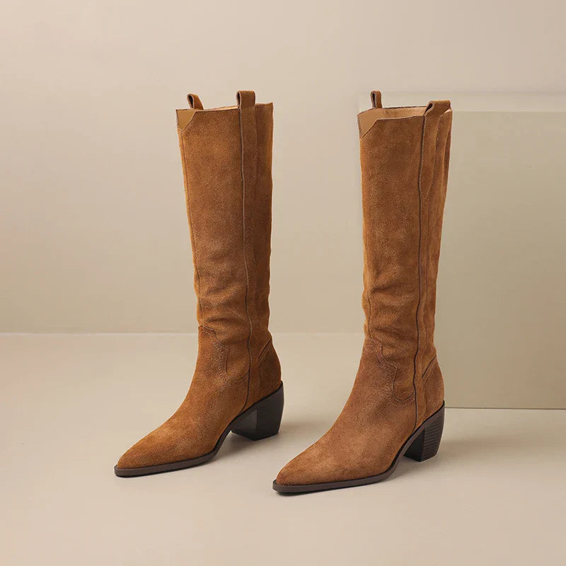 Bottes de Cowboy en Daim de Vache à Talons Hauts pour Femme, Style Vintage, Style Country Western, à la Mode, Automne Hiver