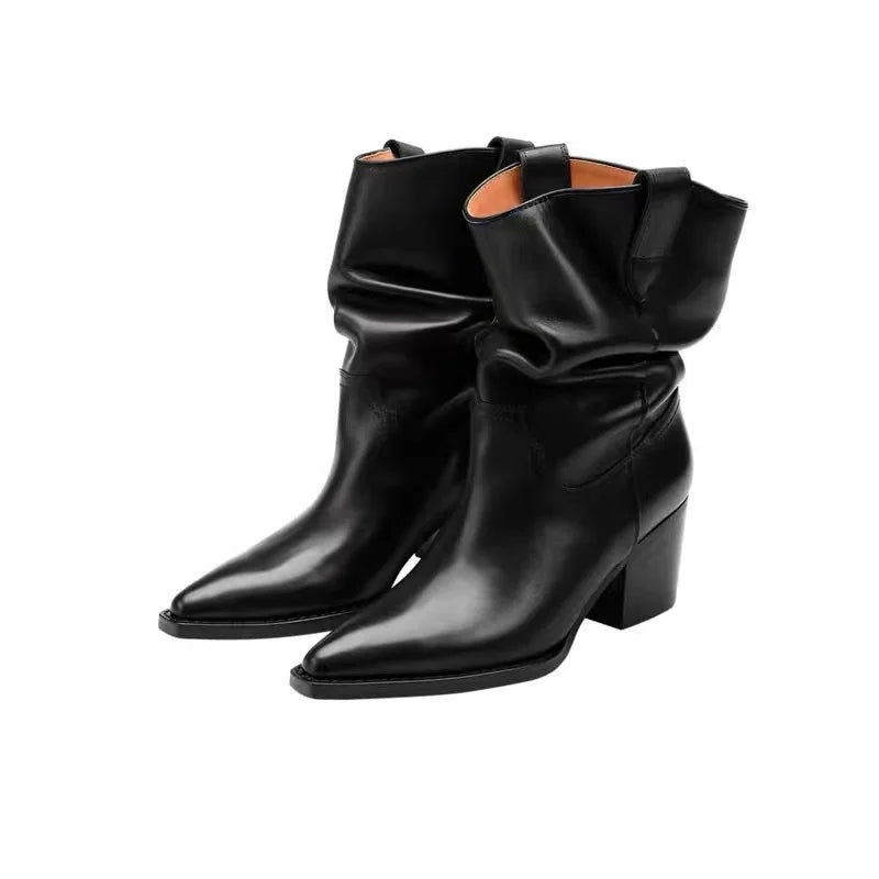 New Fashion Western Cowboy Boots Pointed Pleated V-mouth Thick Heel Medium Tube Short Boots