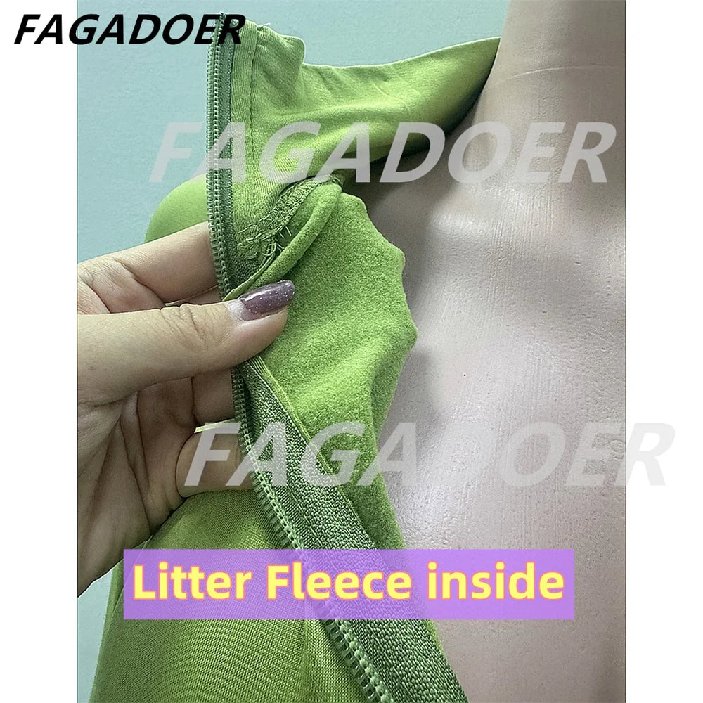 FAGADOER Autumn Winter 2 Piece Sets Women Outfit Casual Zip Pocket Crop Tops+High Waist Leggings Pants Suits Jogger Streetwear