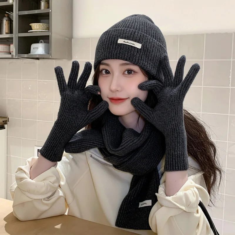 Ensemble chapeau, écharpe et gants en laine tricotée de couleur unie-ensemble de noël chaud du nouvel an rouge en faux cachemire automne/hiver