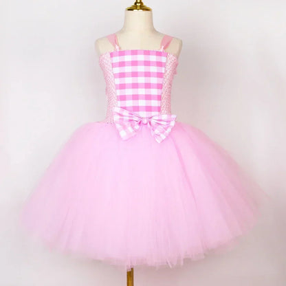 Movie Barbi Costume for Girls Margot Robbie Pink Plaid Tulle Tutu Dress Kids Halloween Birthday Party Princess Dress Up Clothes