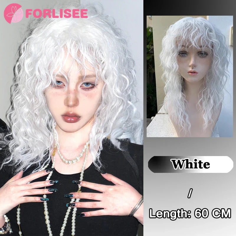 Pink Blonde Highlights Long Wavy Wig Synthetic Colorful Lolita Cosplay Hair Wigs with Bangs for Women Heat Resistant Daily Use