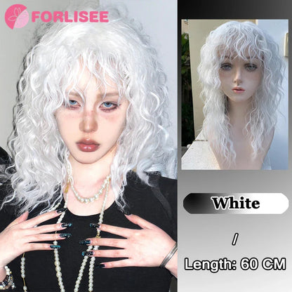 Pink Blonde Highlights Long Wavy Wig Synthetic Colorful Lolita Cosplay Hair Wigs with Bangs for Women Heat Resistant Daily Use