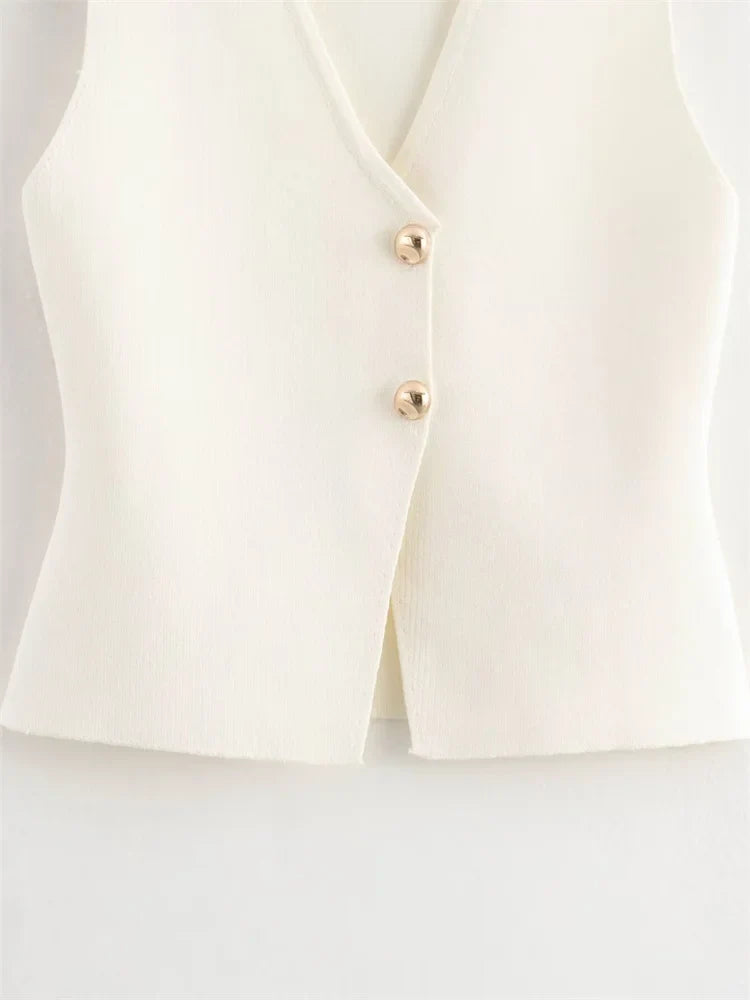 Zevity New Women Fashion V Neck Sleeveless Golden Buttons Knitted Vest Sweater Female Chic Solid Color Slim Cardigan Tops LS6273