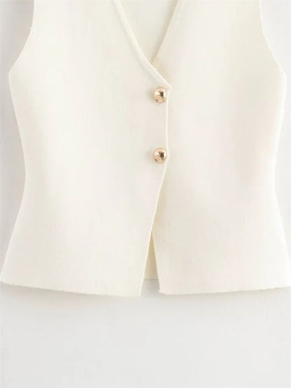 Zevity New Women Fashion V Neck Sleeveless Golden Buttons Knitted Vest Sweater Female Chic Solid Color Slim Cardigan Tops LS6273