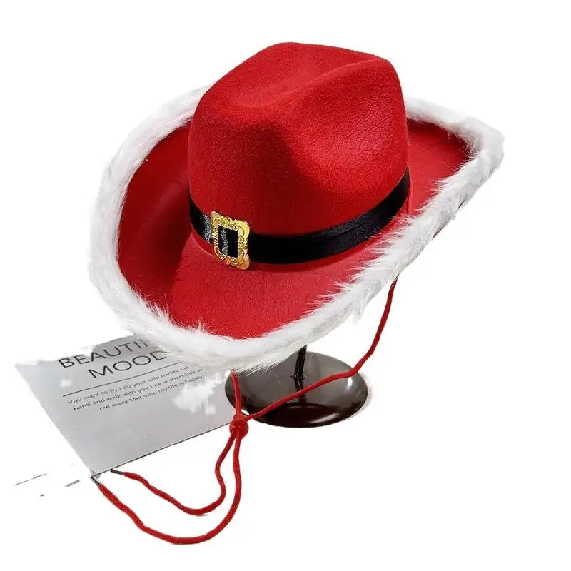 Chapeau de cowboy de Noël lumineux tendance, chapeau de jazz de cowgirl en feutre rouge à large bord pour hommes et femmes