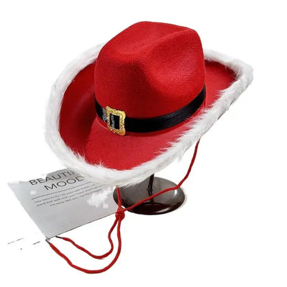 Chapeau de cowboy de Noël lumineux tendance, chapeau de jazz de cowgirl en feutre rouge à large bord pour hommes et femmes