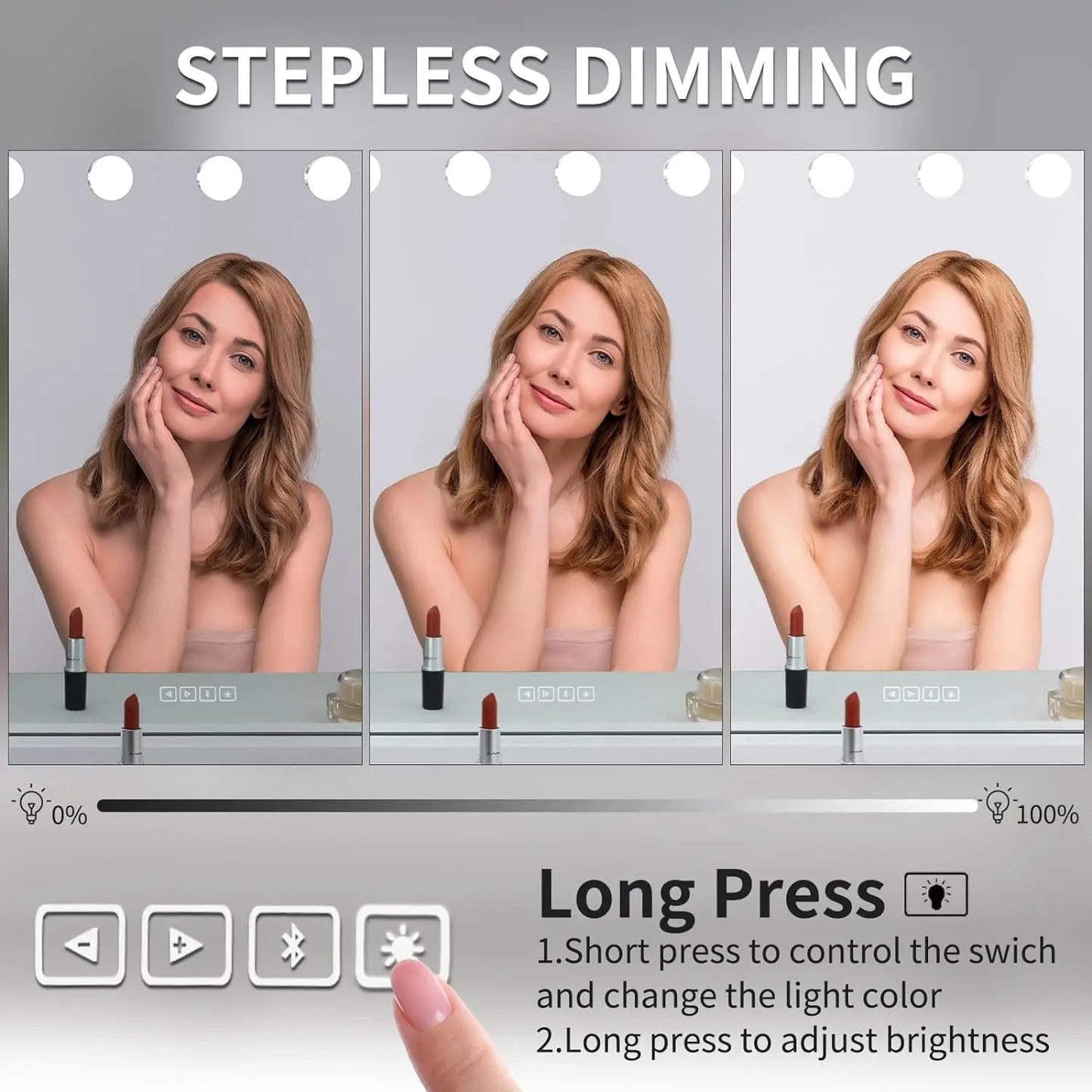 Miroir de maquillage Hollywood avec éclairage 20 LED, lecteur Bluetooth, grand miroir cosmétique 80x60 cm avec 3 variateurs lumineux, USB, tactile