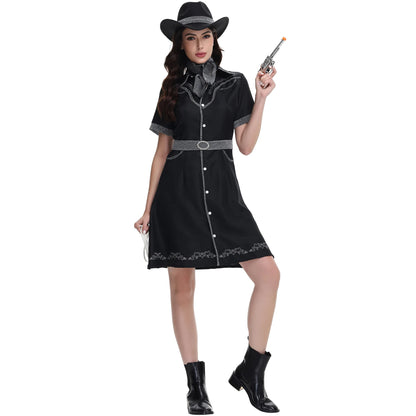 Costume de Cosplay de Cowgirl d'halloween pour femmes adultes, ensemble de robe fantaisie de fête de carnaval, Costume occidental noir pour spectacle sur scène
