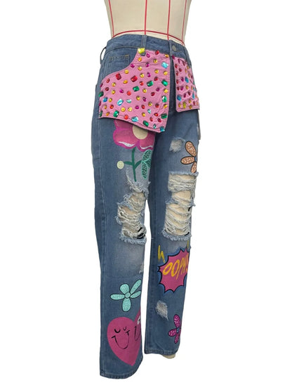 FAGADOER Jean ample à imprimé et couture diamant avec trous pour femme, taille haute, bouton, poche, en denim, pantalon décontracté, streetwear féminin