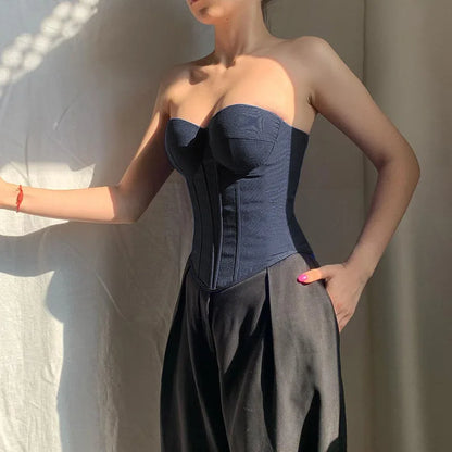 Harajuku Casual Female Imitation Cowboy Vest 2024 New Fashion Wrapped Chest Backless Strap Waist Solid Color Fishbone Tops Femal