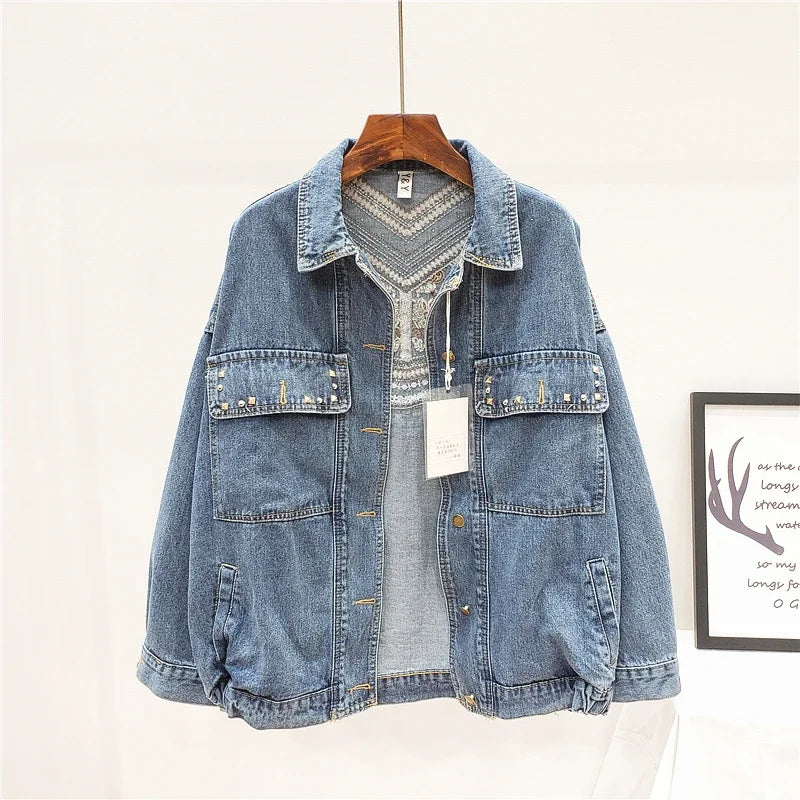 Rivet Embroidery Tassel Denim Jacket Women Loose Long Sleeve Short Outwear Spring Autumn Fashion Black Jeans Jacket Coat Female