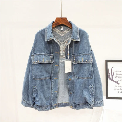 Rivet Embroidery Tassel Denim Jacket Women Loose Long Sleeve Short Outwear Spring Autumn Fashion Black Jeans Jacket Coat Female