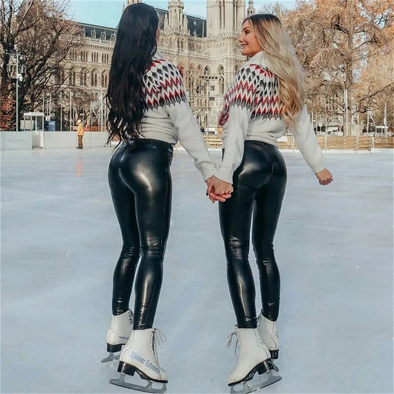 Leggings d'hiver en cuir Pu pour femmes Leggins chauds Leggins en velours noir Leggings taille haute extensible maigre grande tailleLeggings