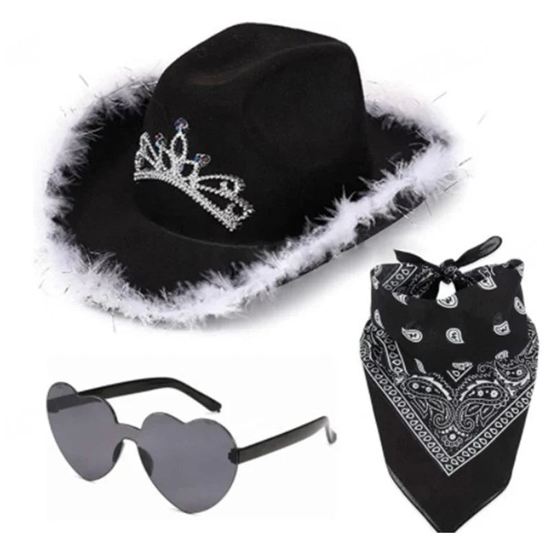 Ensemble de chapeaux de Cowboy roses, 3 pièces, chapeaux de fête d'enterrement de vie de jeune fille, chapeaux de Cowgirl occidentale en plumes, casquettes de Costume de fête + lunettes + mouchoir