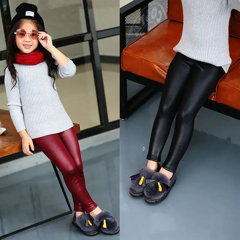 Leggings en cuir PU pour enfants, pantalons crayon décontractés, monochromes, chauds, FJGirl, mignons, tout-petits, enfants, filles, automne, hiver
