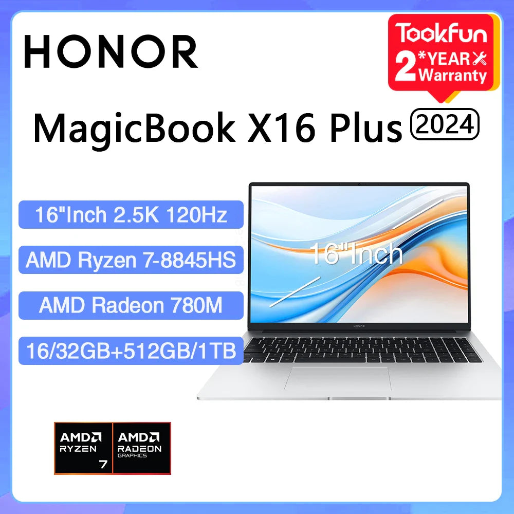 HONOR Laptop MagicBook X16 Plus 2024 BRI-721 16"Inch 2.5K 120Hz AMD Ryzen R7 8845HS 16/32GB 1TB Computer PC Notebook Ultrabook