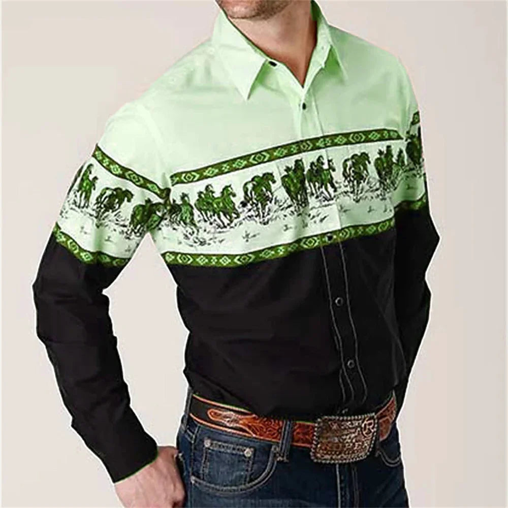Western Cowboy Flower Printed Long Sleeve Shirt for Spring and Summer Comfortable Soft Fabric Party Men's Collar Shirt
