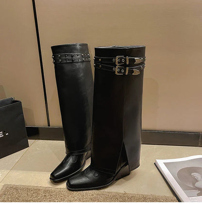Autumn Cowboy Boots For Women Fashion Slip On Long Pipe Boots Female Square High Heel Trend Winter Footwear