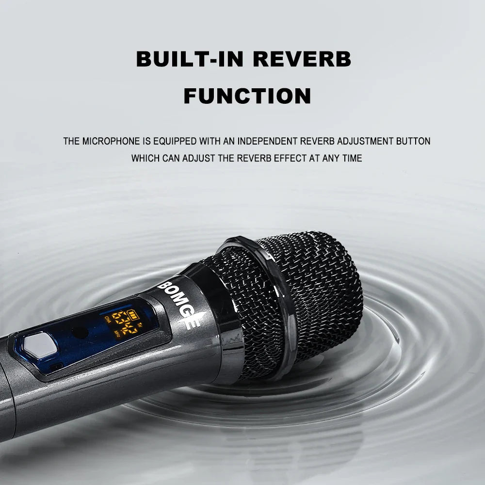 BOMGE Microphone à main sans fil, système de micro dynamique double sans fil avec récepteur Rechargeable 1800MAh pour karaoké