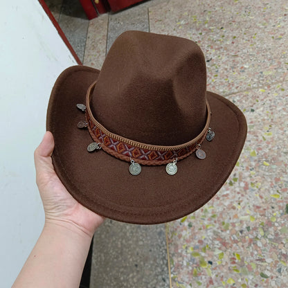 Ethnic Style Cowboy Hat Fashion Chic Unisex Solid Color Jazz Hat With Bull Shaped Decor Western Cowboy Hats